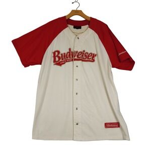Budweiser King of Beers‎ Baseball Jersey Shirt Red White Snap Button XL